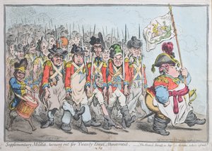 Milicia suplementaria saliendo por veinte días de diversión, o Los franceses nos invaden, hay caramba, ¿quién tiene miedo? publicado por Hannah Humphrey en 1796